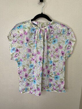 LATC Floral Striped Womens Blouse Short Sleeve Lightweight 10 Polyester Vintage